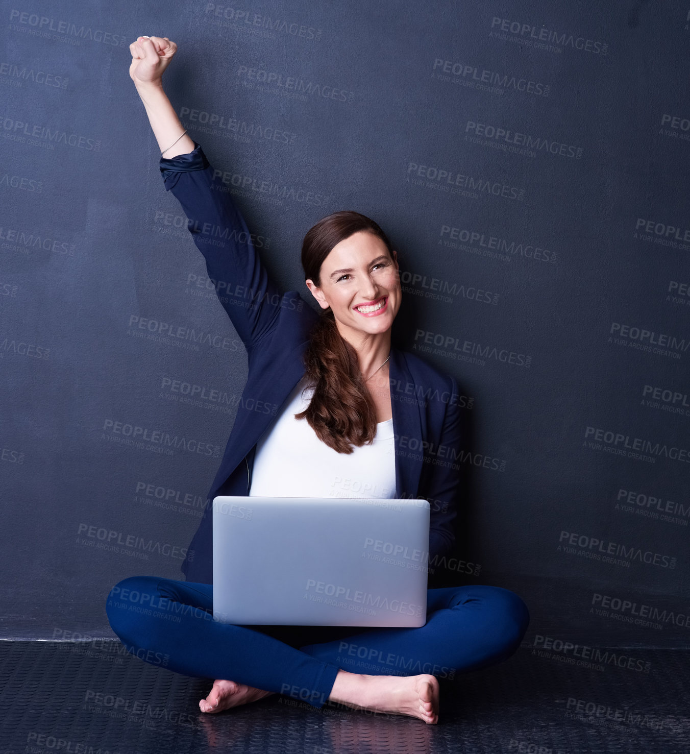 Buy stock photo Portrait, woman and laptop in celebration with fist for winning, success or promotion bonus. Happy, female person or employee with tech for achievement, prize or good news against dark background
