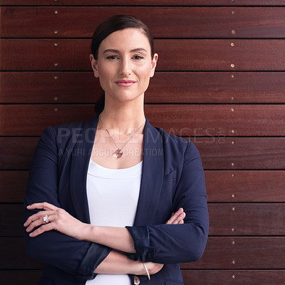 Buy stock photo Portrait, successful and businesswoman with arms crossed, suit and wooden background. Professional, entrepreneur and confident manager, corporate and mock up for executive, formal and career goal