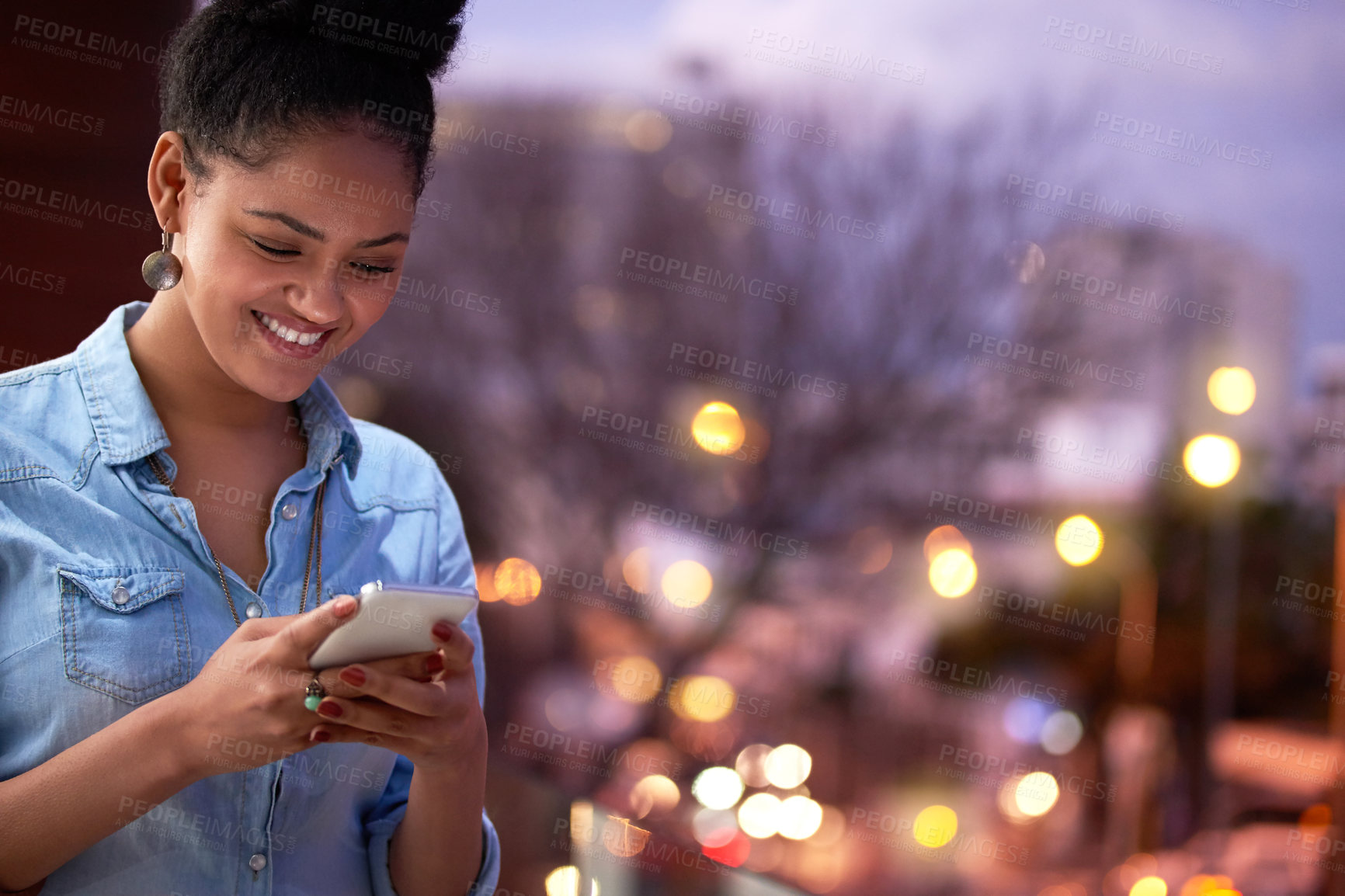 Buy stock photo Night, student and woman with mobile phone in city for social media, chat online or networking. Bokeh, typing and happy female person with smartphone for communication, texting or internet app 