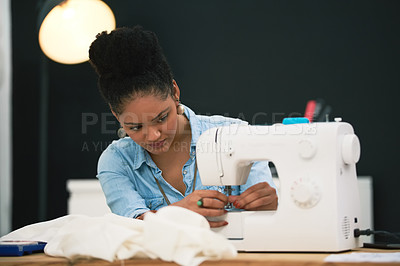 Buy stock photo Fabric, fashion designer and woman with machine for sewing, designing and creativity with cloth. Small business, female sewer and service with tailor equipment, design and retail for boutique