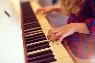 Buy stock photo Piano, hands and keys for music with woman playing, artist and talent for concert. Fingers, jazz and acoustic rhythm for creative hobby, learn and instrument for theater and audio from keyboard