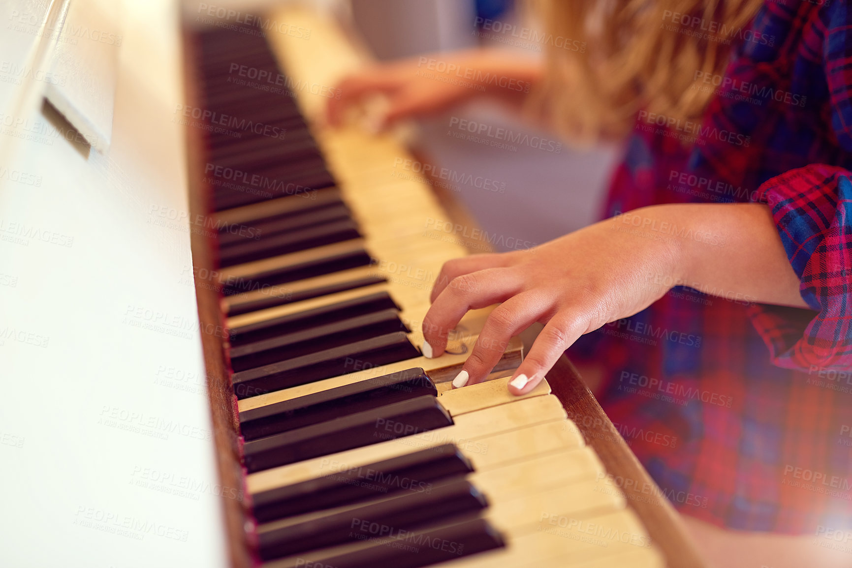 Buy stock photo Piano, hands and keys for music with woman playing, artist and talent for concert. Fingers, jazz and acoustic rhythm for creative hobby, learn and instrument for theater and audio from keyboard