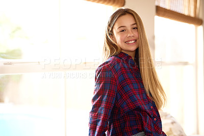 Buy stock photo Portrait, preteen and girl in home, smile and break in weekend, relax and happiness for vacation in city. Living room, window and kid with joy for holiday, student and learner of school in New York