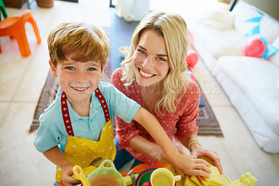 Buy stock photo Portrait of a mother and son having fun together at home