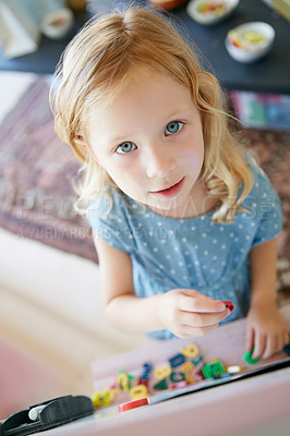 Buy stock photo Portrait of an adorable little girl having fun at home