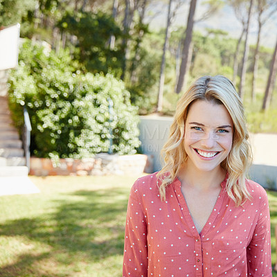 Buy stock photo Portrait of a beautiful young woman enjoying a day outside