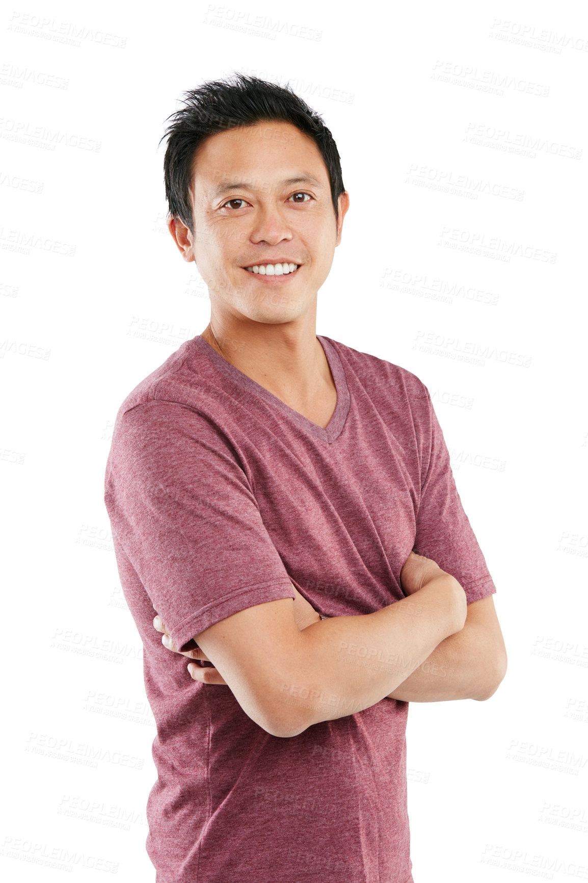 Buy stock photo Studio portrait of a young man posing with his arms folded against a white background