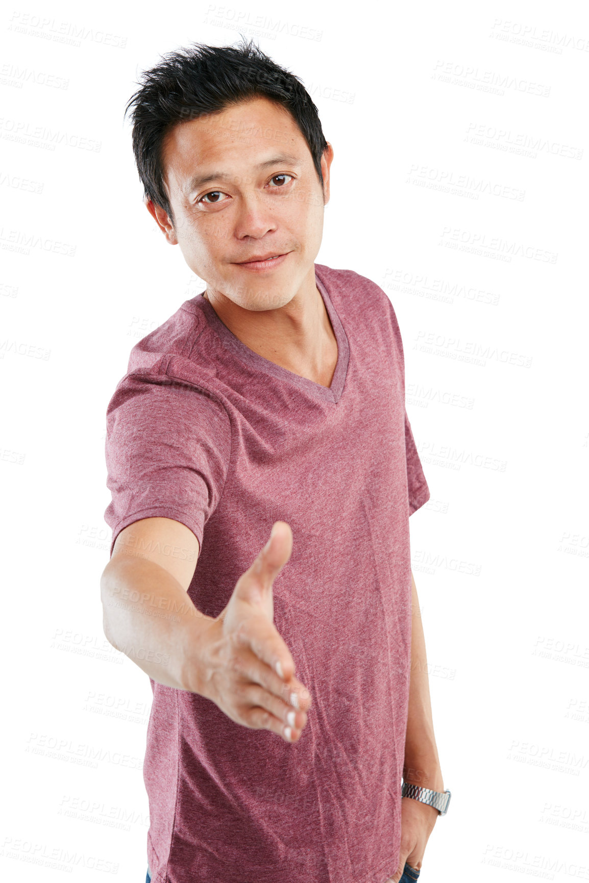 Buy stock photo Studio portrait of a young man holding out his hand for a handshake against a white background