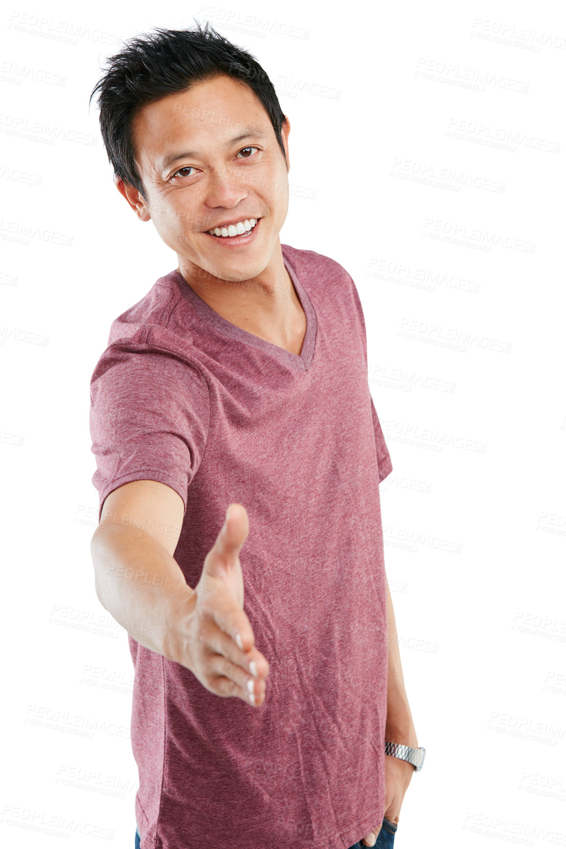 Buy stock photo Studio portrait of a young man holding out his hand for a handshake against a white background