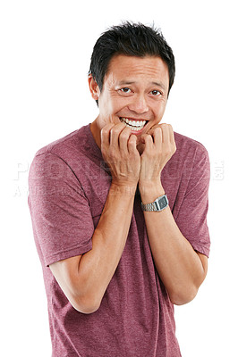 Buy stock photo Studio portrait of a young man looking nervous against a white background