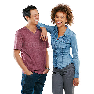 Buy stock photo Studio shot of an affectionate young couple isolated on white