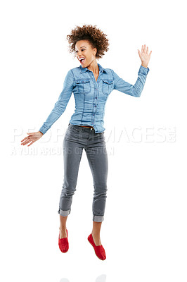 Buy stock photo Dance, happy young black woman jumping and in white background. Energy or positivity, person expressing freedom and isolated African female model jump for joy or excitement in studio backdrop