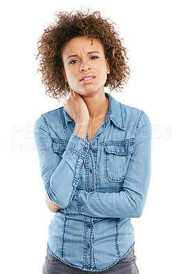 Buy stock photo Studio shot of a young woman experiencing neck pain against a white background