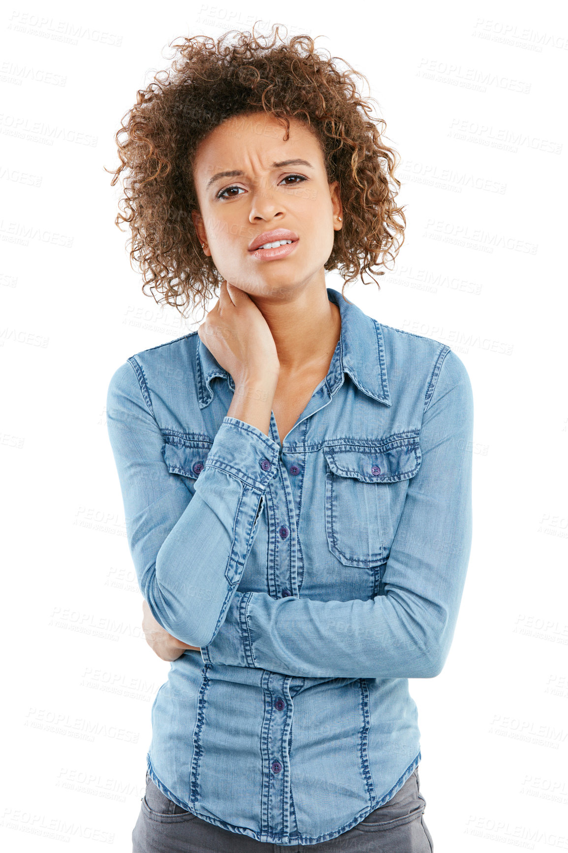 Buy stock photo Studio shot of a young woman experiencing neck pain against a white background