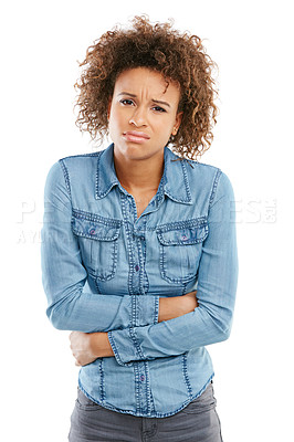 Buy stock photo Studio shot of a young woman experiencing stomach pain against a white background
