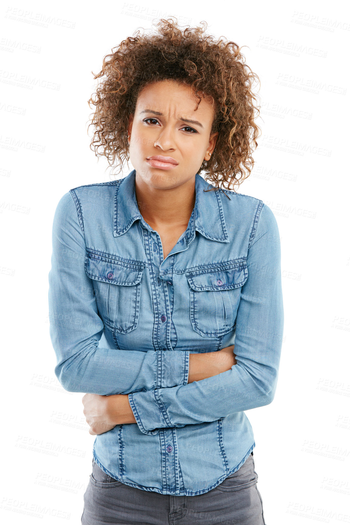 Buy stock photo Portrait, woman and upset in studio with stomach ache from indigestion, unhealthy gut or diet. Uncomfortable, person and abdominal pain from IBS, bloating problem or constipation on white background.