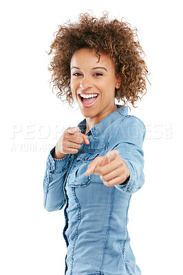 Buy stock photo Studio shot of a young woman pointing towards you