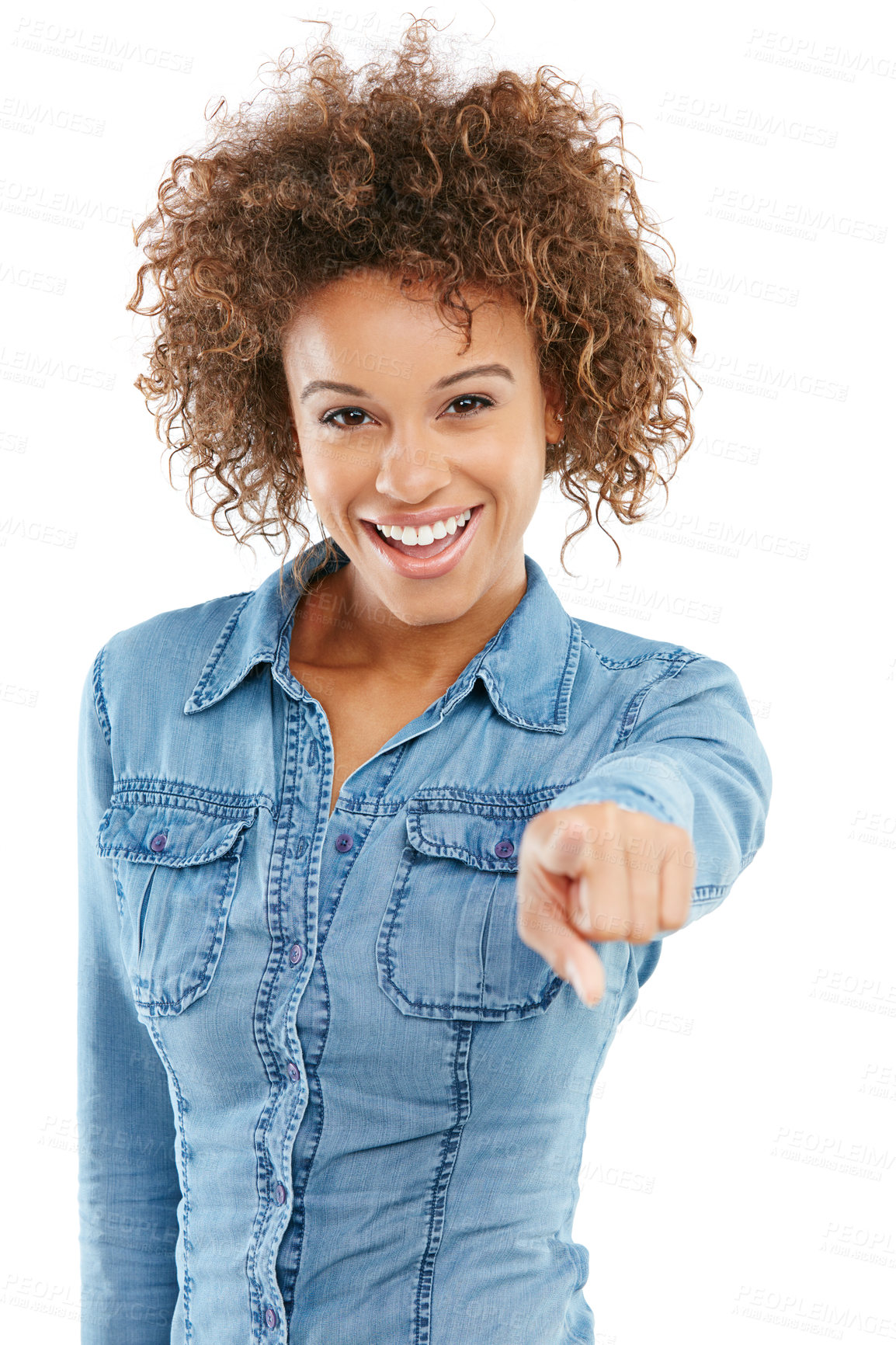 Buy stock photo Studio shot of a young woman pointing towards you