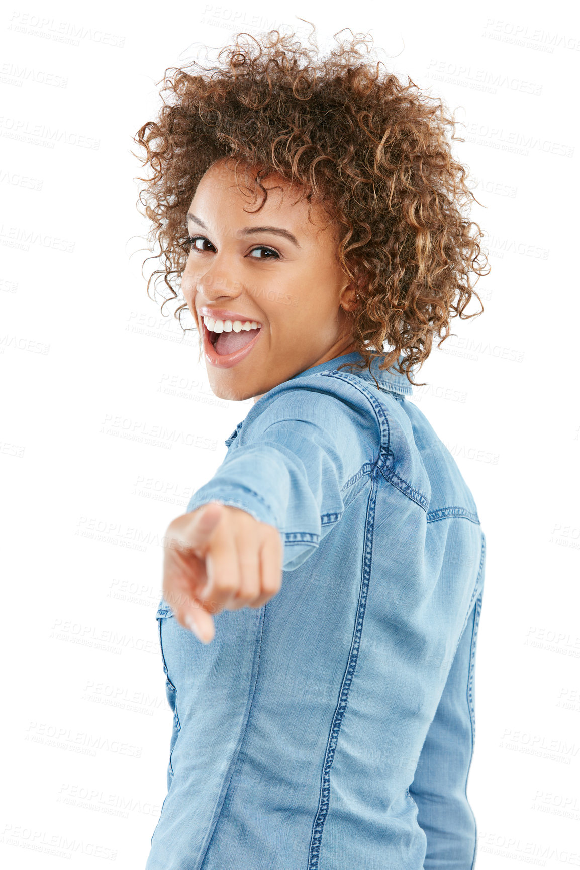 Buy stock photo Studio shot of a young woman pointing towards you