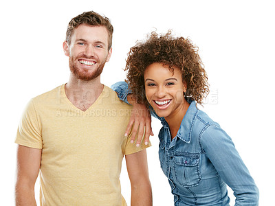 Buy stock photo Studio portrait of an affectionate young couple isolated on white