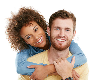 Buy stock photo Studio portrait of an affectionate young woman hugging her boyfriend against a white background