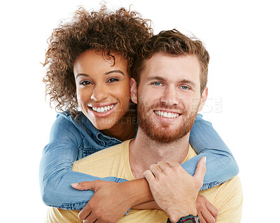 Buy stock photo Studio portrait of an affectionate young woman hugging her boyfriend against a white background