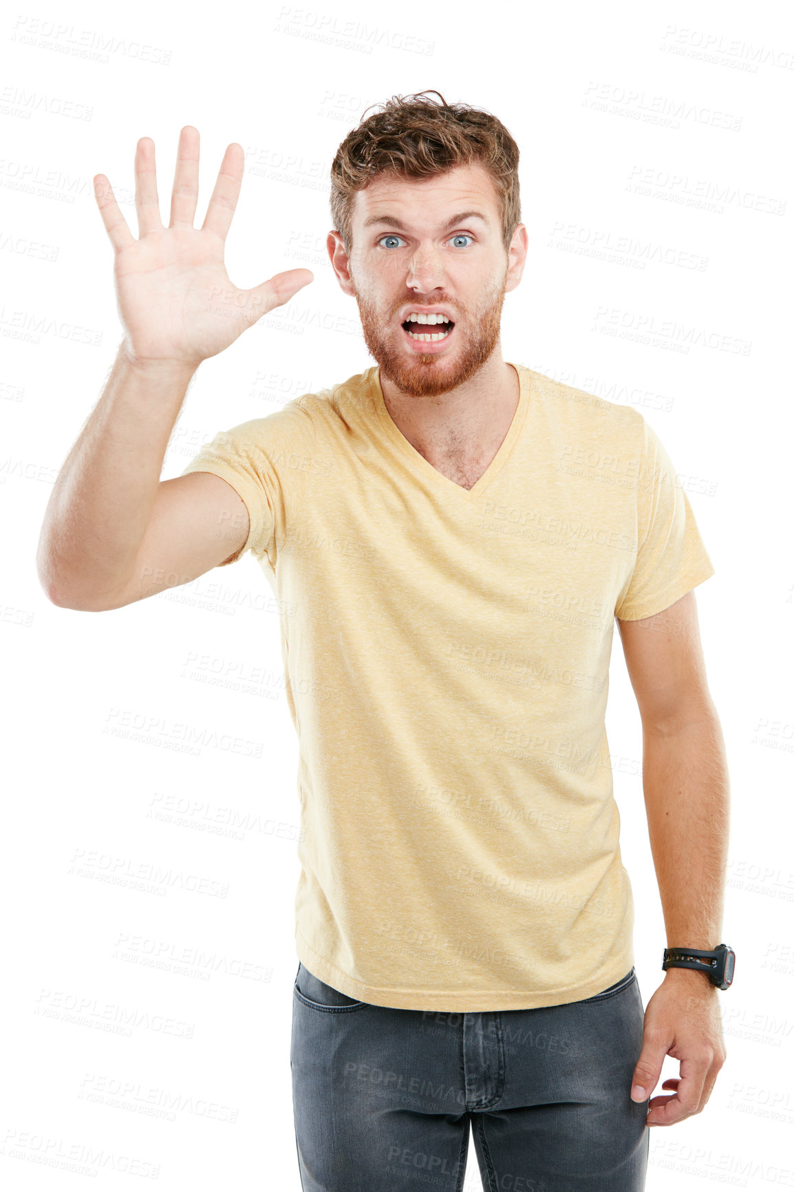 Buy stock photo Studio portrait of a young man holding up his hand against a white background