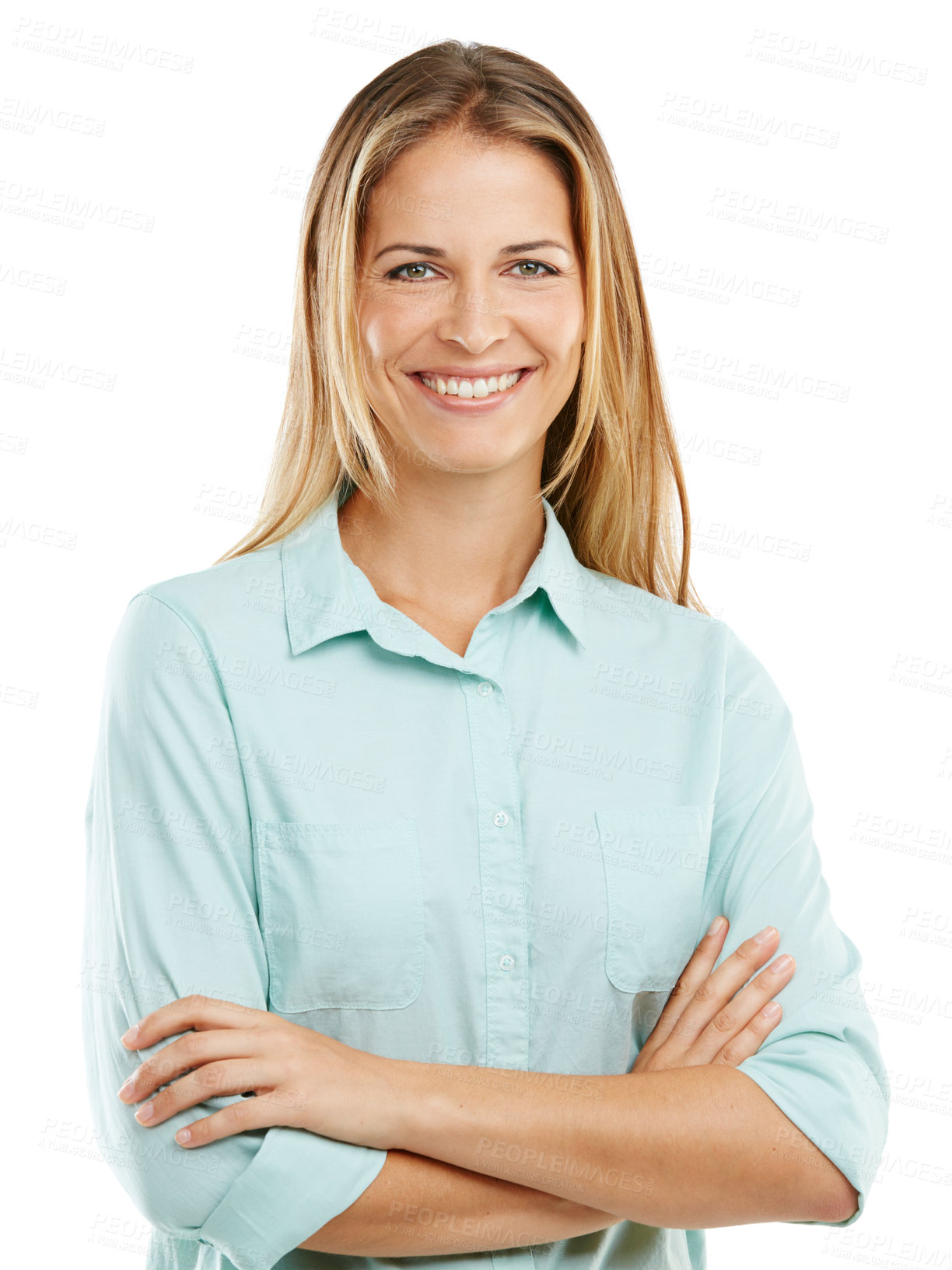 Buy stock photo Shot of a happy woman posing against a white background