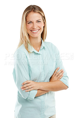 Buy stock photo Shot of a happy woman posing against a white background