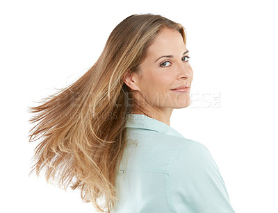 Buy stock photo Shot of a happy woman flipping her hair against a white background