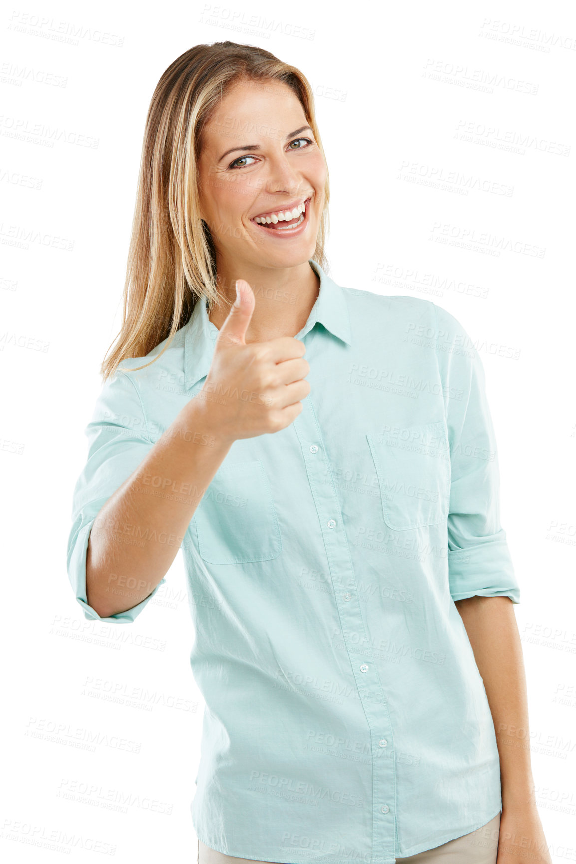 Buy stock photo Shot of a happy woman showing a thumbs up against a white background