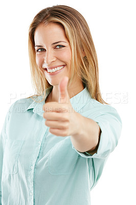 Buy stock photo Shot of a happy woman showing a thumbs up against a white background