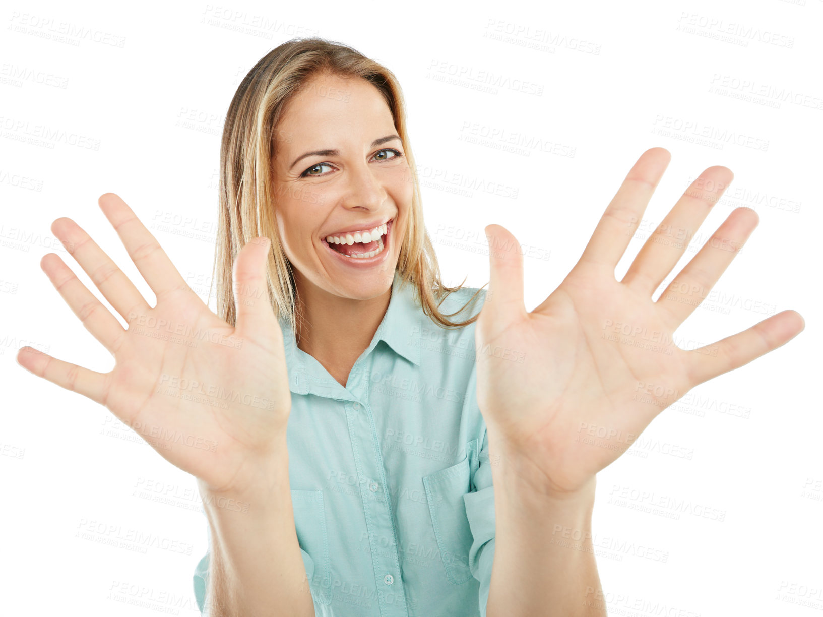 Buy stock photo Shot of a happy woman posing with her hands up against a white background