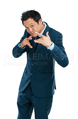 Buy stock photo Hands, angry and portrait of Asian man on a white background for conflict, problem and issue. Corporate, mockup space and business person isolated in studio with fight gesture, sign and attitude
