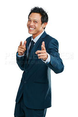 Buy stock photo Motivation, happy and portrait of a businessman with finger guns isolated on a white background in studio. Success, corporate and Asian worker with hand gesture for greeting on a studio background