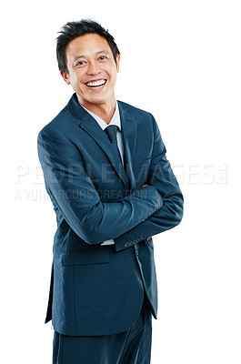 Buy stock photo Portrait, mockup and an asian business man in studio isolated on a white background standing arms crossed. Happy, smile and blank space with a male employee posing on empty mock up for branding