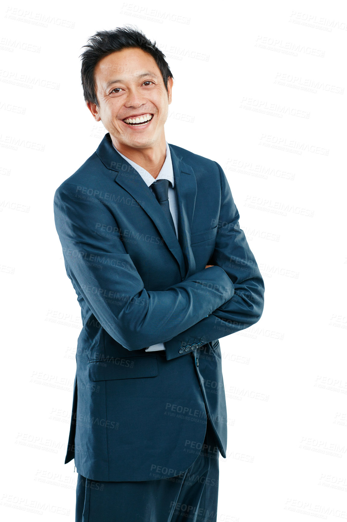 Buy stock photo Portrait, mockup and an asian business man in studio isolated on a white background standing arms crossed. Happy, smile and blank space with a male employee posing on empty mock up for branding