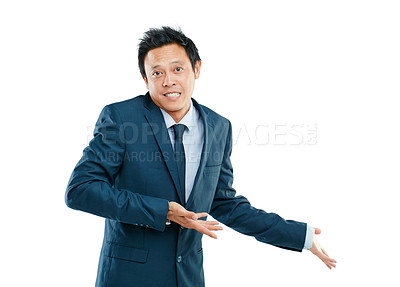 Buy stock photo Portrait, mockup and business with Asian man, product placement and guy isolated on white studio background. Male person, entrepreneur and leader on backdrop, management and leadership for branding