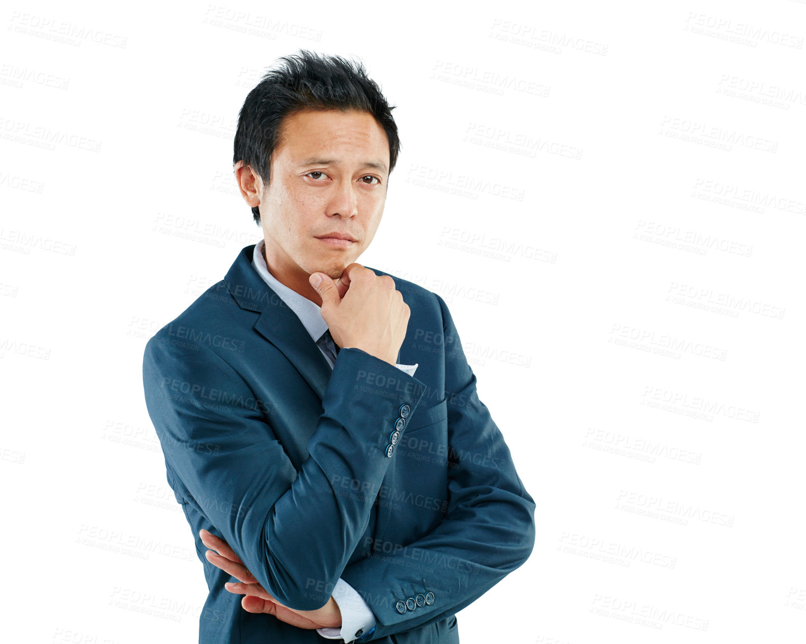 Buy stock photo Executive, corporate and portrait of a businessman with arms crossed isolated on a white background in studio. Vision, ceo and Asian worker in a suit for professional work on a studio background