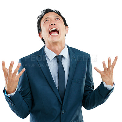 Buy stock photo Stress, anger and screaming business man in studio isolated on a white background. Burnout, mental health and anxiety, sad and shouting frustrated male after bad news, deal or financial crisis.