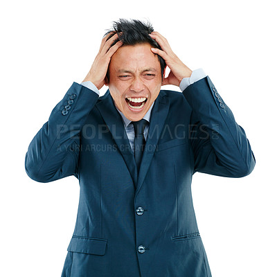 Buy stock photo Anger, stress and screaming business man in studio isolated on white background. Burnout, mental health and headache, sad and shouting angry Asian male after bad news, deal or financial crisis.