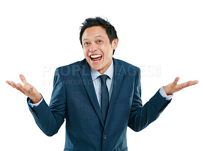 Buy stock photo Portrait, shrug and excited with a business asian man in studio isolated on a white background for promotion. Comic, success and motivation with a male employee shrugging his shoulders on blank space