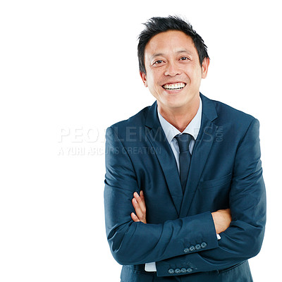 Buy stock photo Portrait, arms crossed and business man in studio isolated on a white background mock up. Face, ceo and happy and proud Asian male employee with from Japan with vision, mission and success mindset.