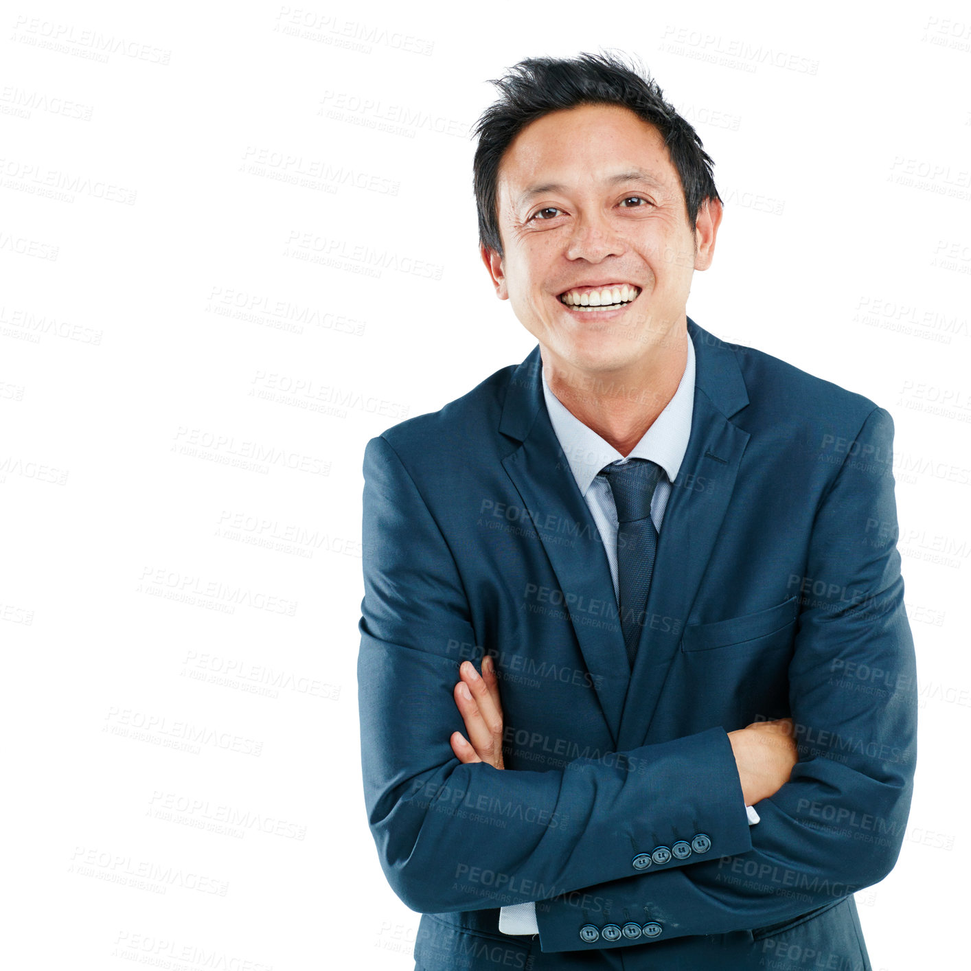 Buy stock photo Portrait, arms crossed and business man in studio isolated on a white background mock up. Face, ceo and happy and proud Asian male employee with from Japan with vision, mission and success mindset.