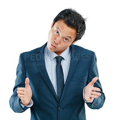 Buy stock photo Confused, joke and portrait of businessman in studio with comic and meme face expression. Young, suit and Asian male model with corporate outfit and dont know gesture isolated by a white background.