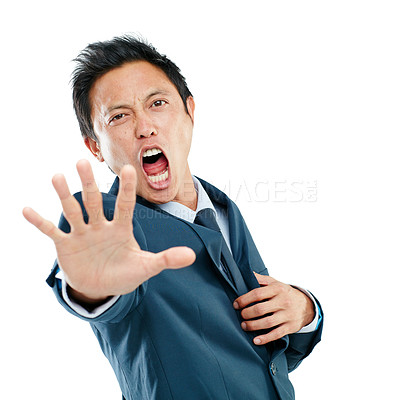 Buy stock photo Businessman, angry and stop hand portrait with shouting, frustrated and unhappy face for stress. Asian corporate ceo screaming in distress on isolated studio white background with formal suit.

