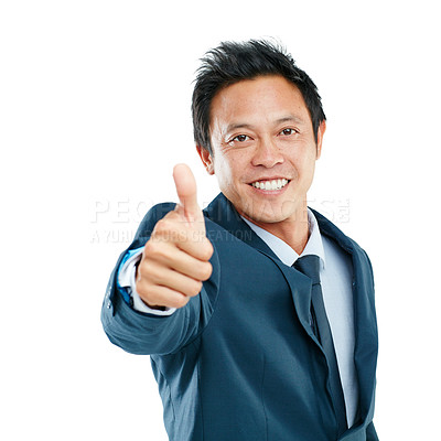 Buy stock photo Portrait, thumbs up and business man in studio on a white background mock up. Face, support and happy male employee with hand gesture for like emoji, approval or thank you, yes and success motivation