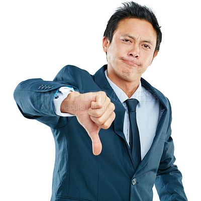 Buy stock photo Portrait, business man and thumbs down in studio isolated on white background. Fail, dislike hand gesture and sad male employee with sign for disagreement, failure emoji or negative review, bad or no