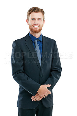 Buy stock photo Portrait, leadership and business man in studio isolated on a white background. Boss, ceo and happy, confident and proud male from Canada with vision, mission and success mindset, goals or targets.