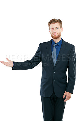 Buy stock photo Advertising, mockup and portrait of business man on a white background for branding, logo and marketing. Product placement, copy space and isolated male with hand gesture for announcement or message